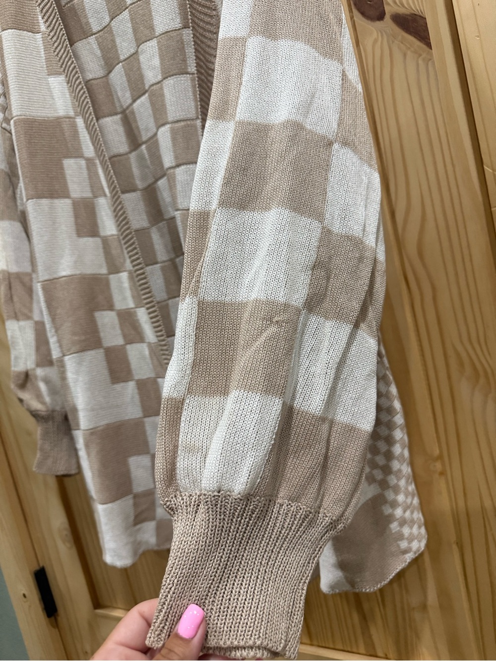 Women's Checkerboard Open-Front Cardigan Sweater - Cream & Beige, Size XL - Picture 2 of 8